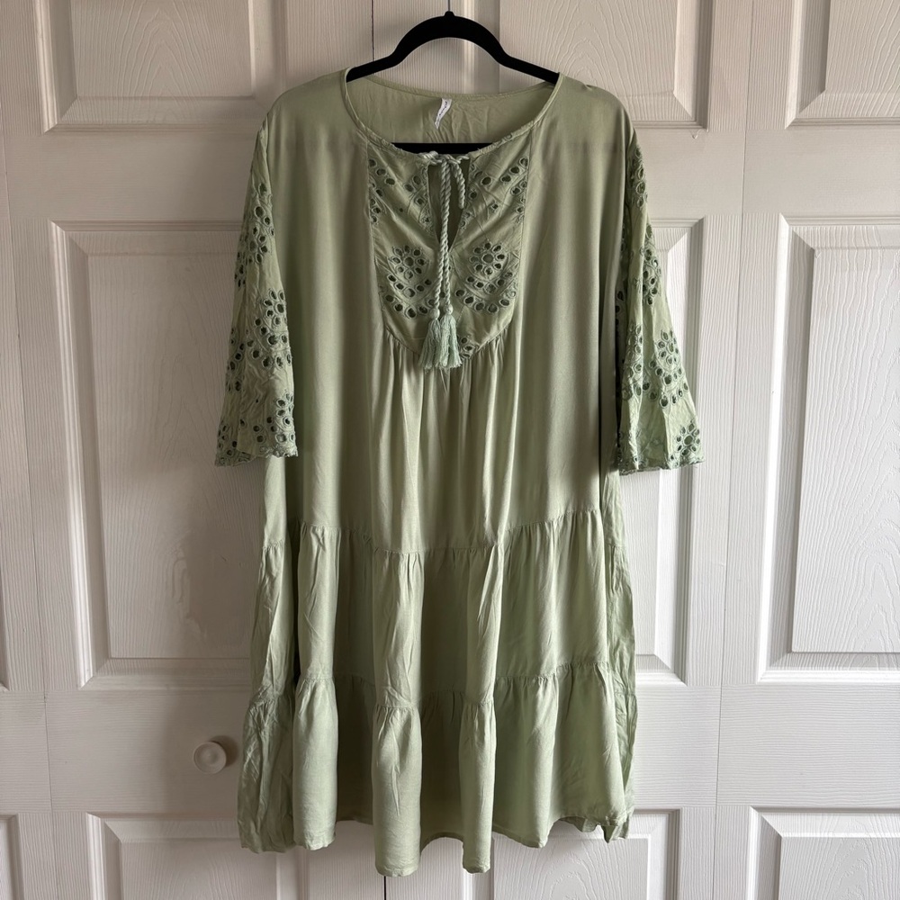 Raviya Eyelet Tiered Swim Cover-Up Dress Tunic Green 2X Boho Milkmaid Bloomcore